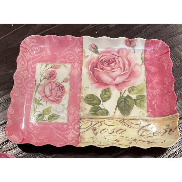 Momentum Brands Pink Rose Floral Melamine Salad Dessert Plates Tray Set Of 7 NEW - Picture 5 of 10